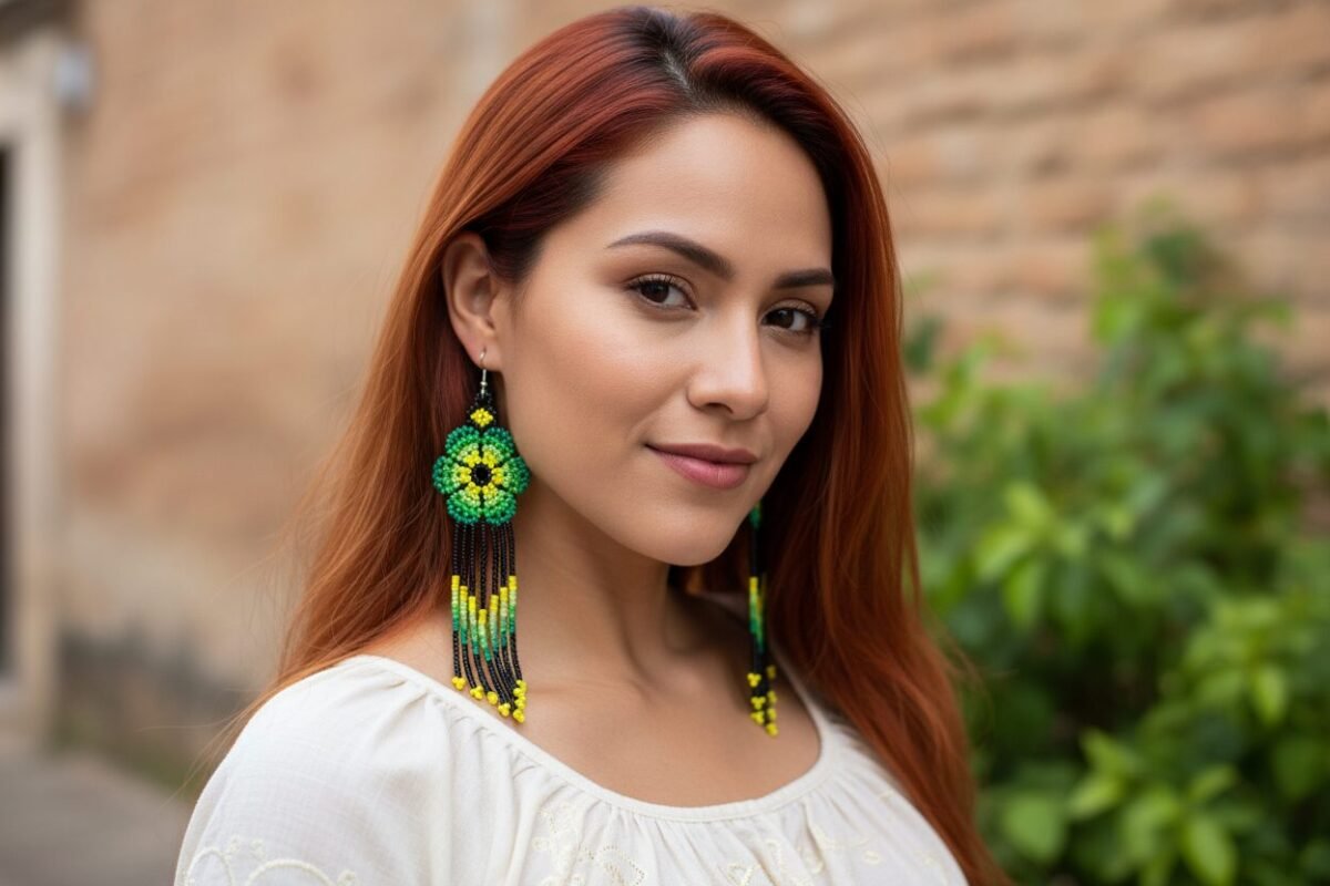 Aretes De Cuentas Huichol Colgante De Flor Con Flecos
