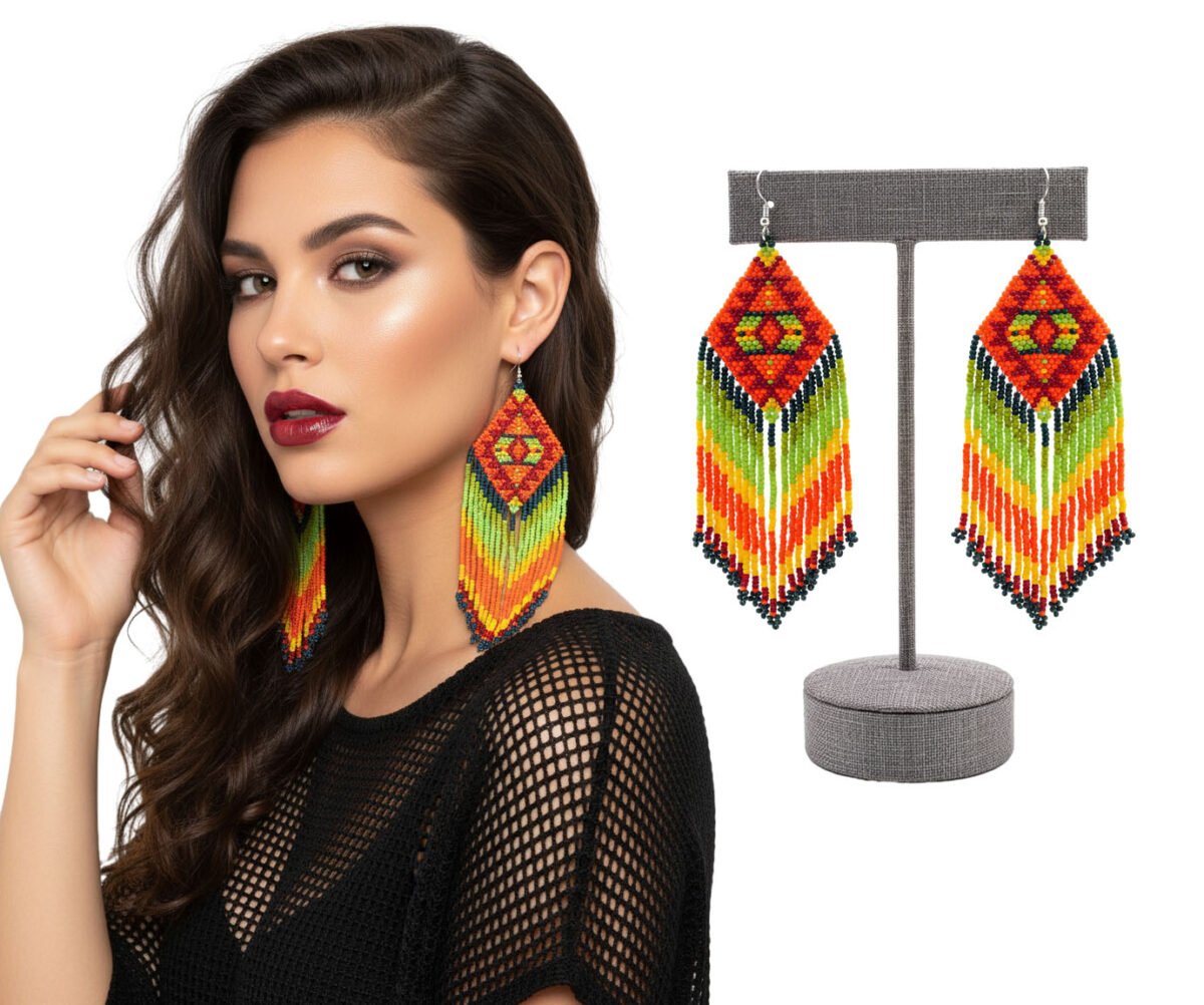 Aretes De Cuentas Colgante De Rombo Con Flecos