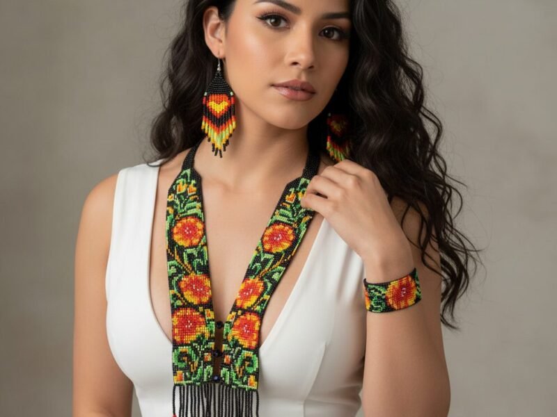 Set Collar Largo De Cuentas Huichol Floral De Moda