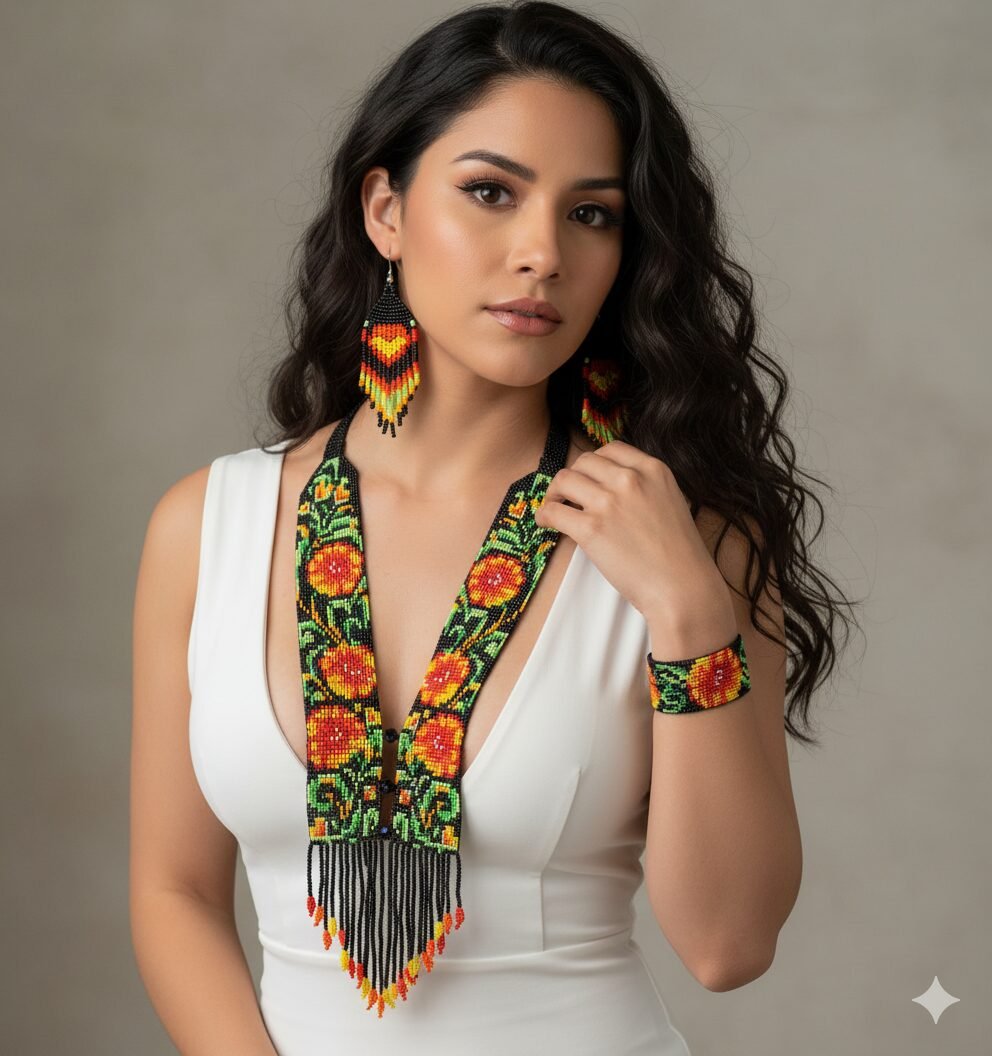 Set Collar Largo De Cuentas Huichol Floral De Moda