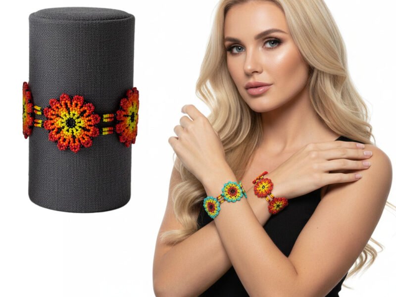 Pulseras De Cuentas Huichol Floral De Moda Artesanal
