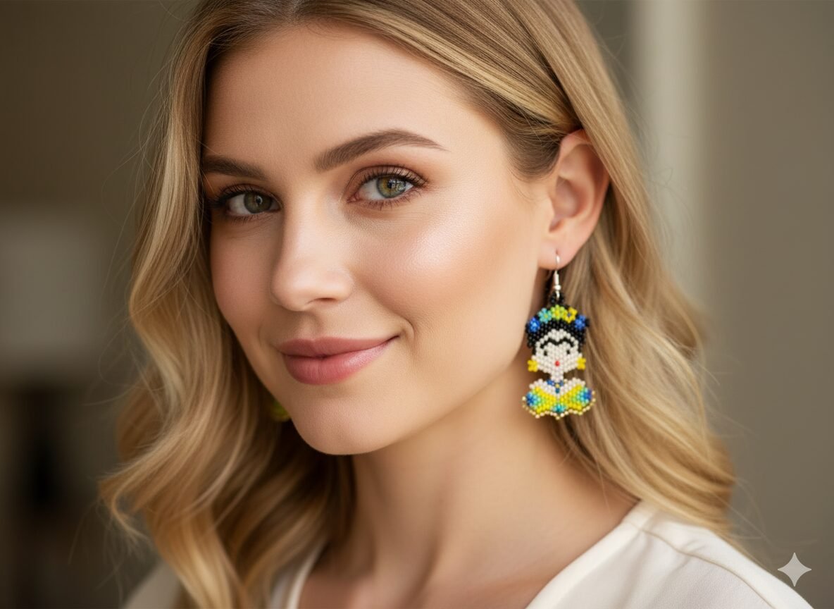 Aretes De Cuentas Huichol Colgante De Frida Kahlo