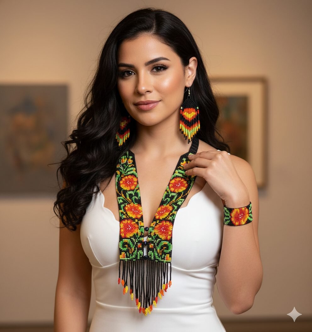 Set Collar Largo De Cuentas Huichol Floral De Moda - Image 3