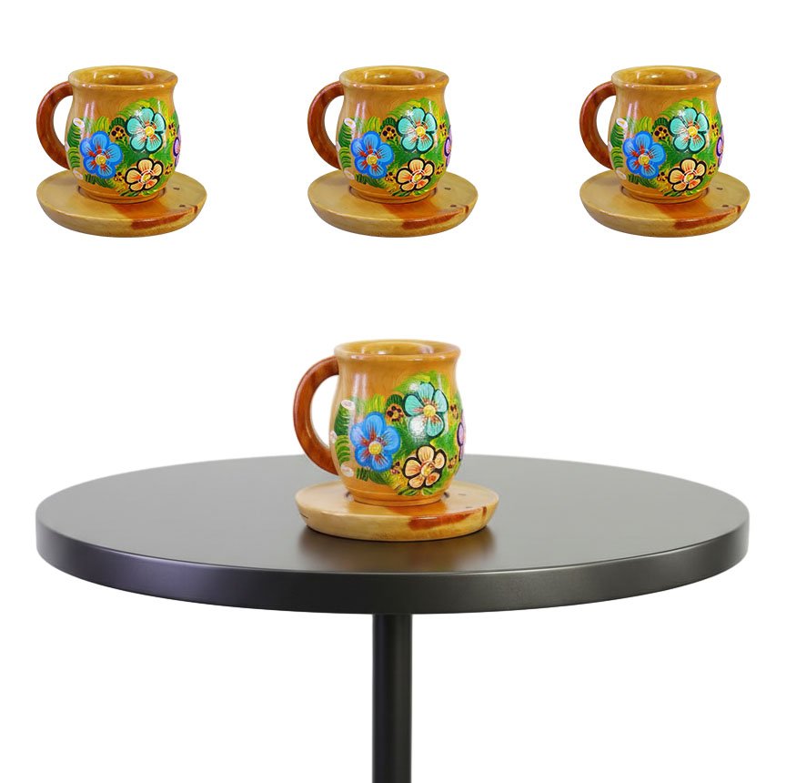 Tazas De Madera Pintadas De Flores Artesanales