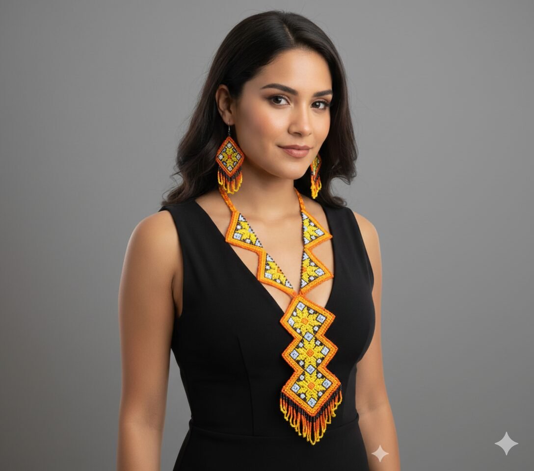 Set Collar Largo De Cuentas Huichol Zigzag De Moda
