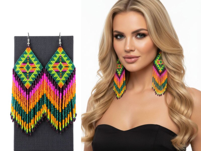 Aretes De Cuentas Huichol Colgante Con Flecos De Moda