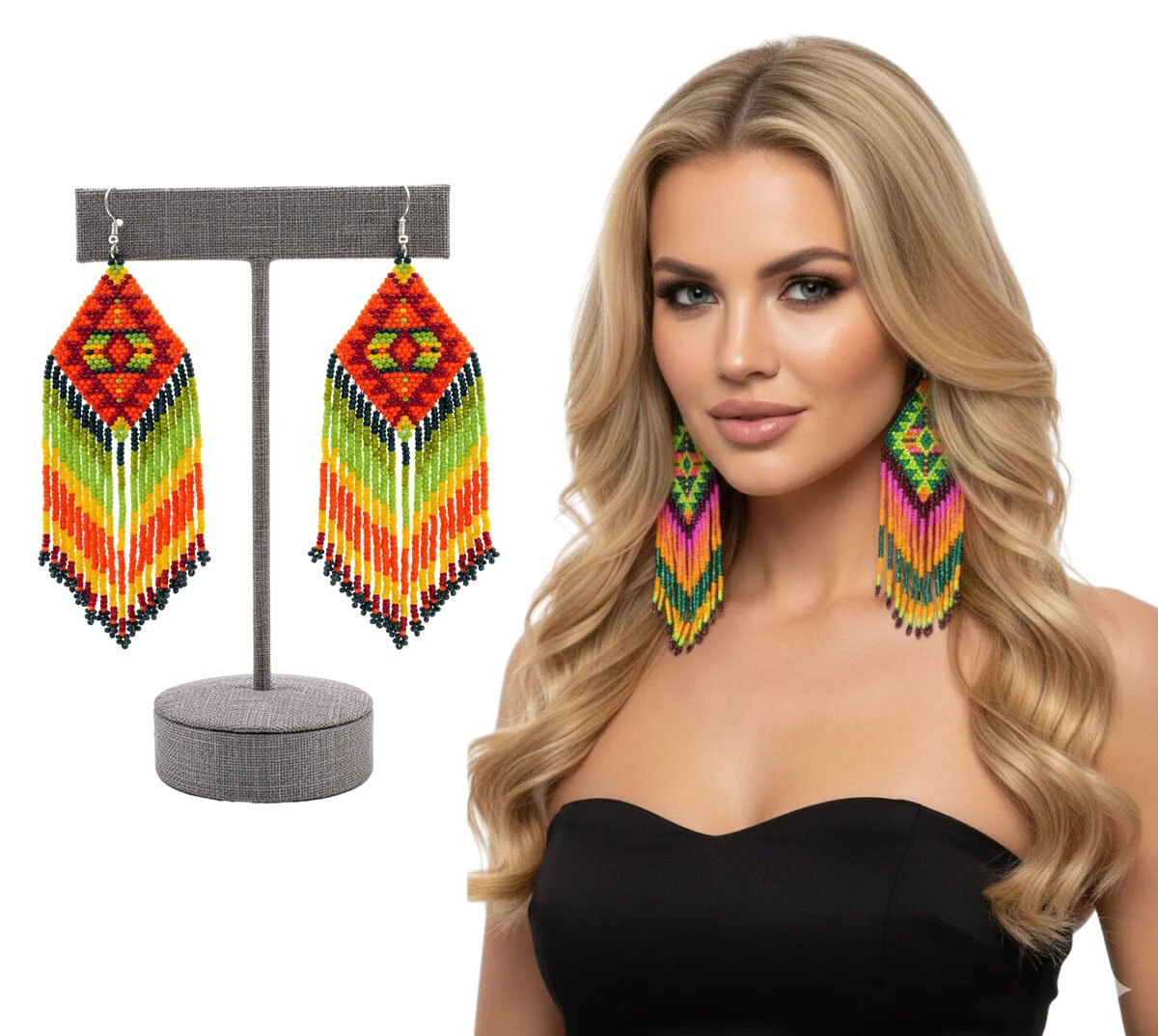 Aretes De Cuentas Colgante De Rombo Con Flecos - Image 2