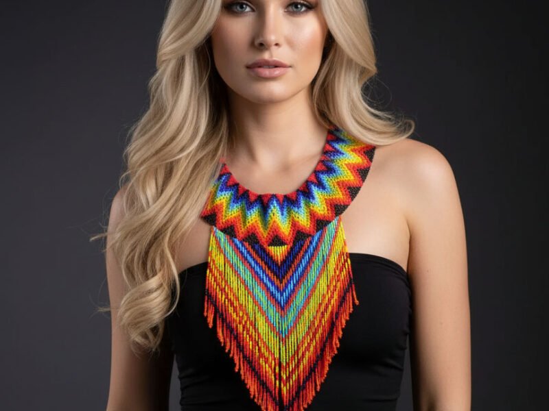 Collar De Cuentas Huichol Con Flecos Largos De Moda