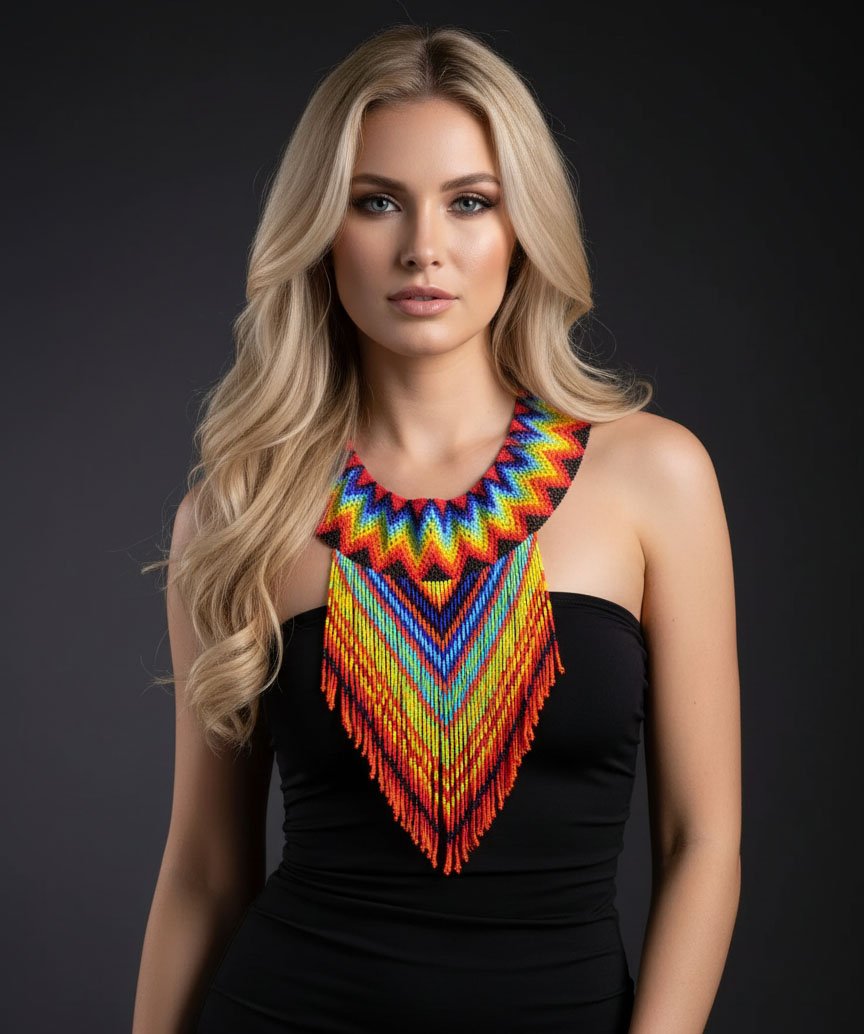 Collar De Cuentas Huichol Con Flecos Largos De Moda