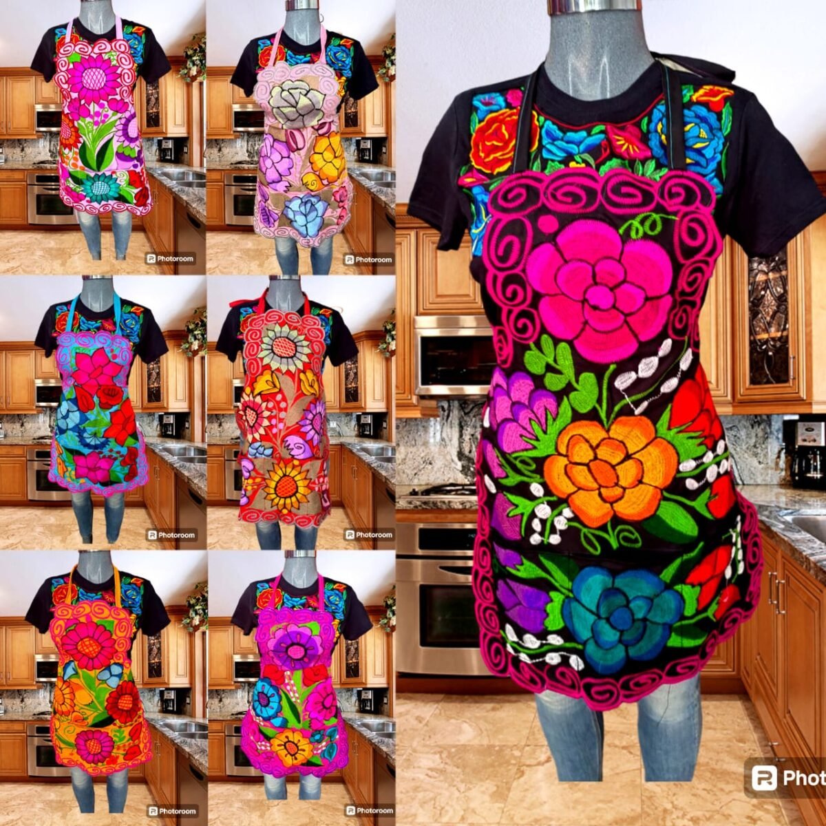 Pack 3 Mandiles Con Bordado Floral Cocina Chef Delantal - Image 3