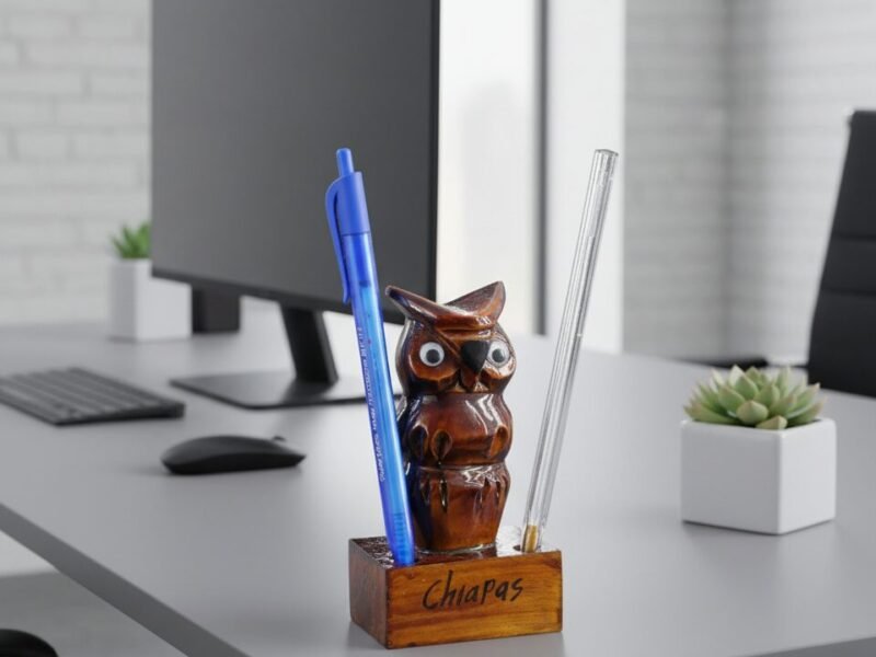 Porta Lapices De Madera De Buho Artesanal Para Escritorio