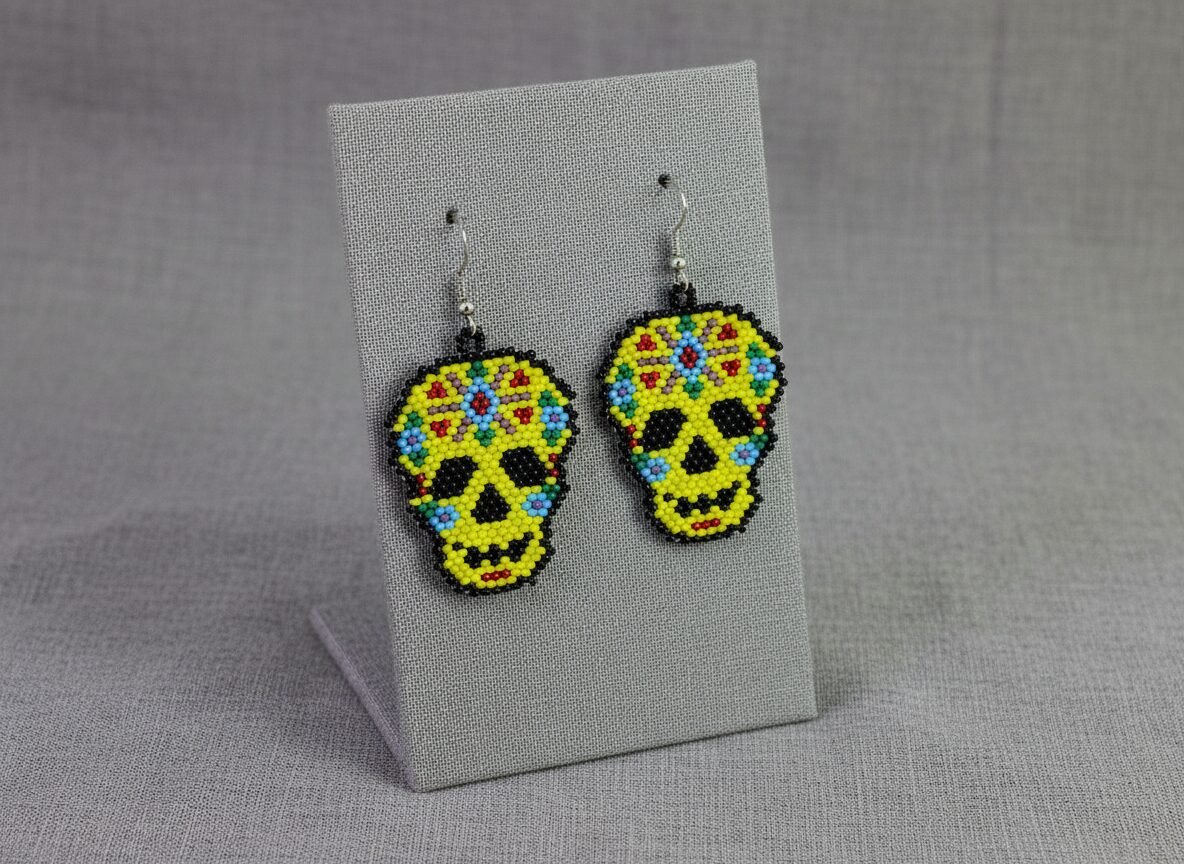Aretes De Cuentas Huichol Colgante De Calavera Artesanal - Image 4