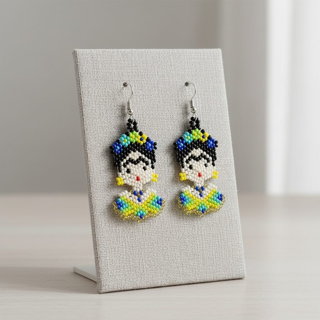 Aretes De Cuentas Huichol Colgante De Frida Kahlo - Image 6