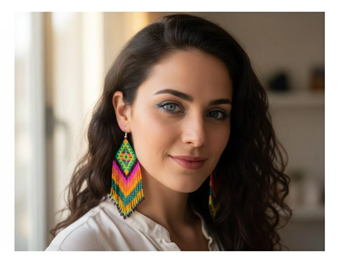 Aretes De Cuentas Colgante De Rombo Con Flecos - Image 6