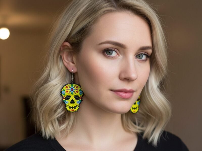 Aretes De Cuentas Huichol Colgante De Calavera Artesanal