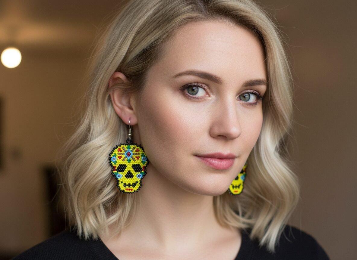 Aretes De Cuentas Huichol Colgante De Calavera Artesanal