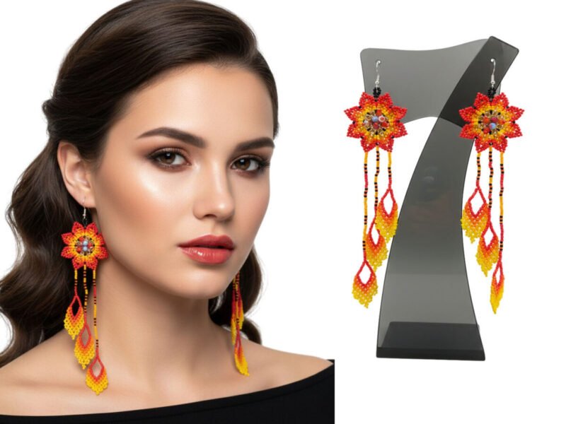 Pendientes Largos De Flor Arte Huichol De Moda