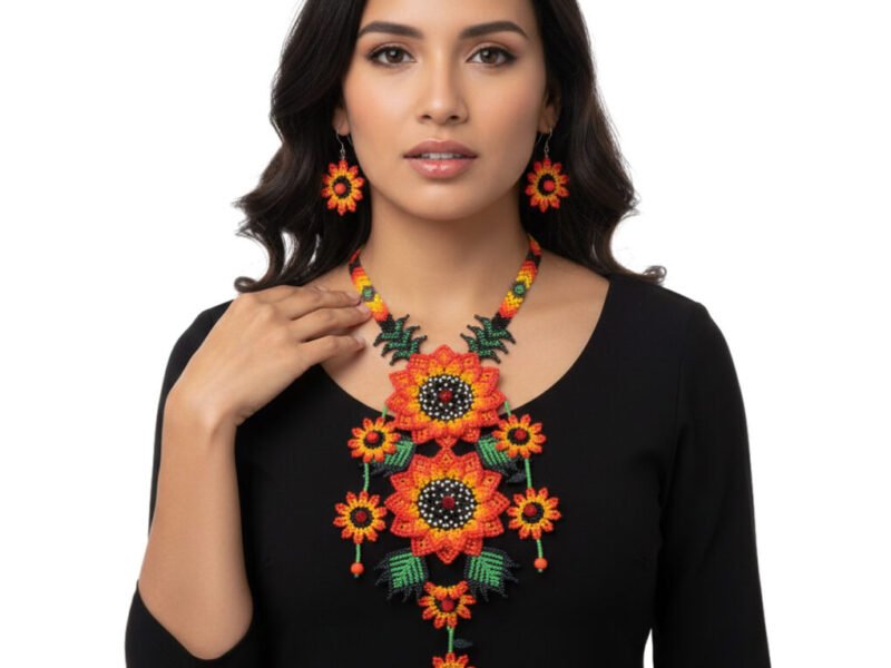 Collar Largo De Grirasol Con Aretes Y Pulsera De Chaquira