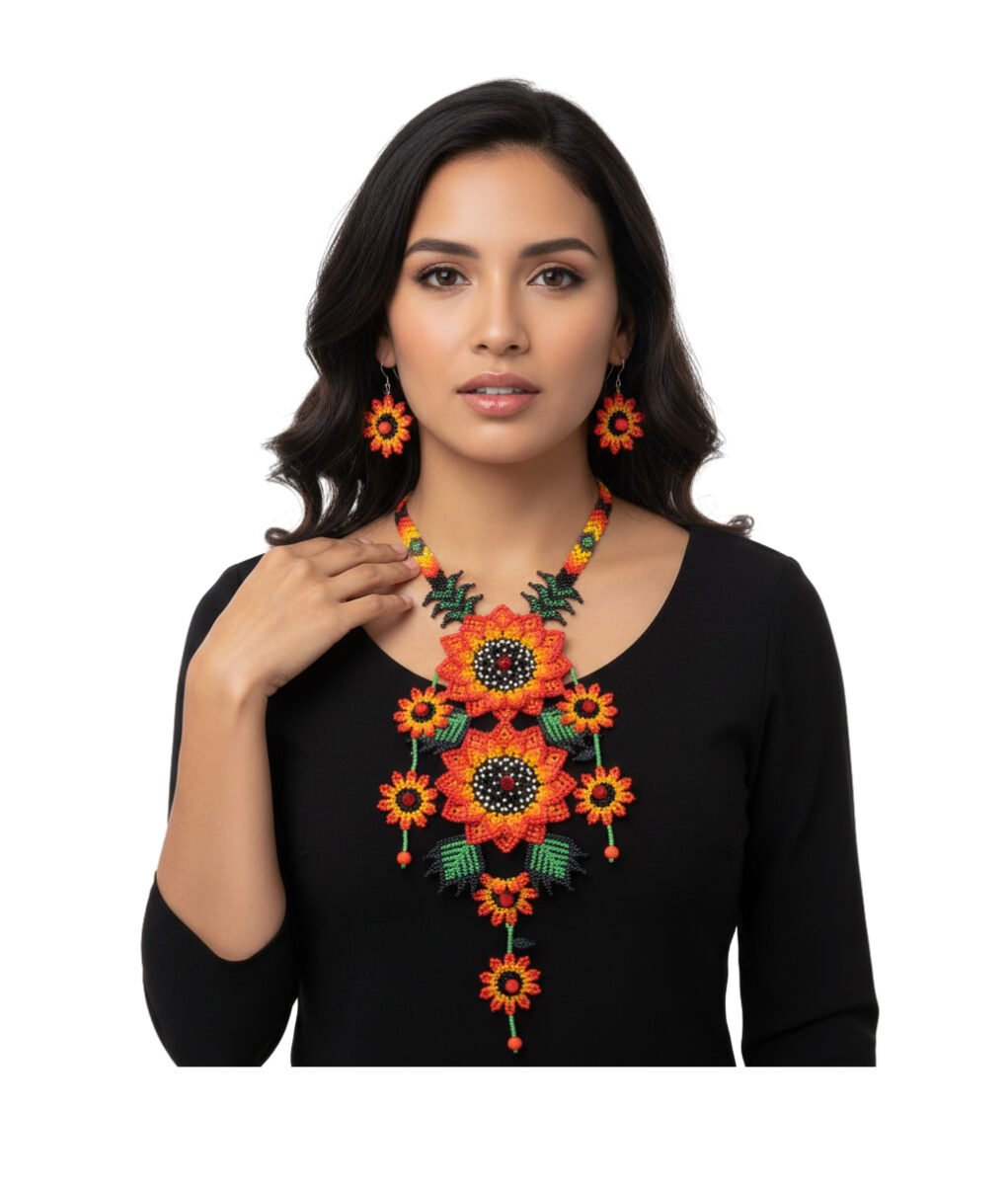 Collar Largo De Grirasol Con Aretes Y Pulsera De Chaquira