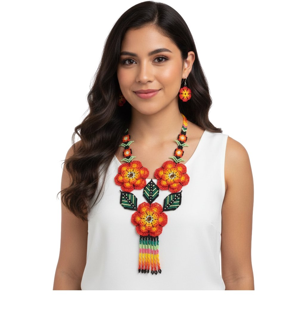 Juego De Collar Largo Con Aretes Y Pulsera Arte Huichol - Image 3