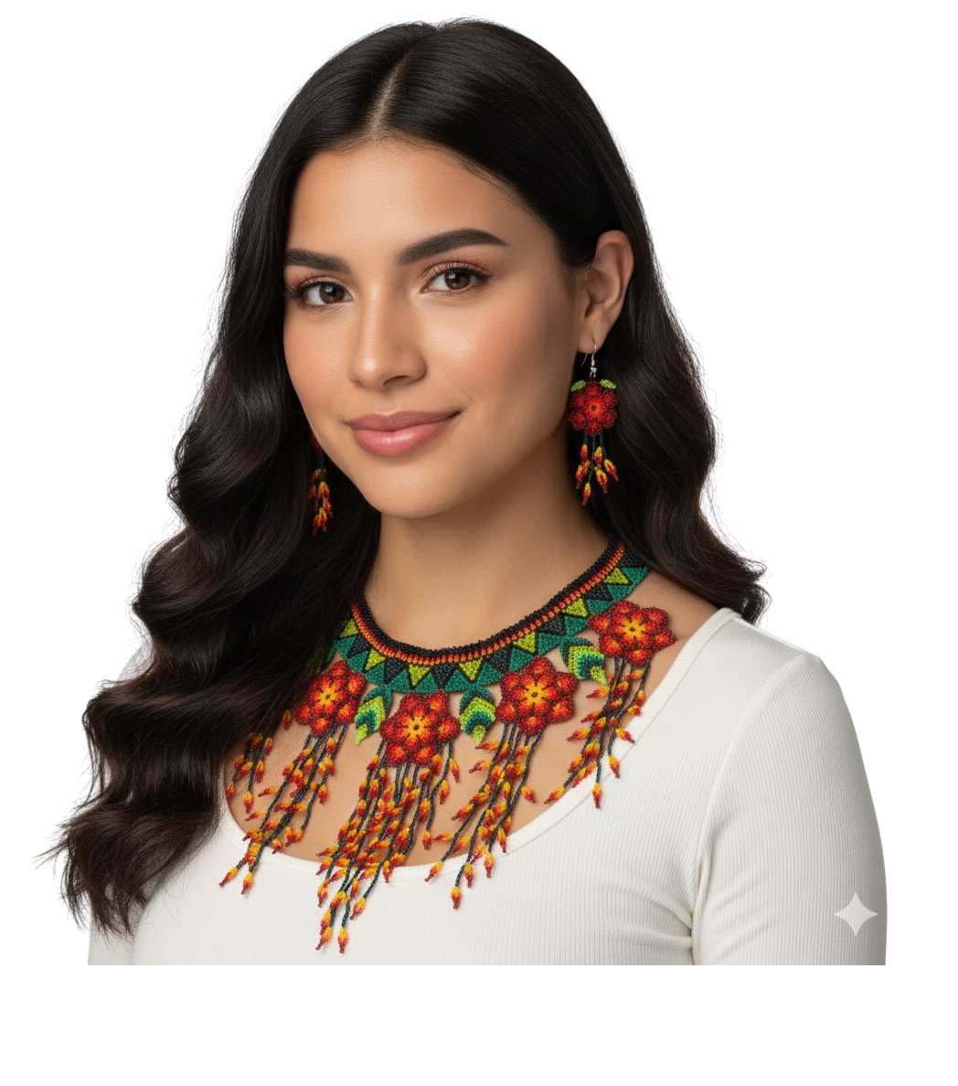 Collar Floral Con Flecos Y Aretes De Chaquira - Image 3