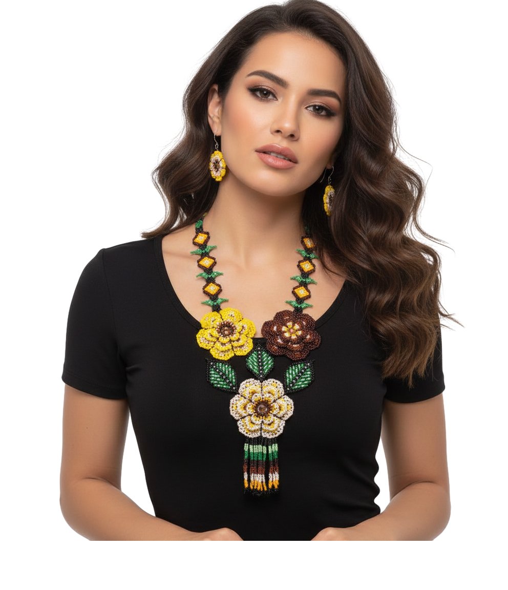 Juego De Collar Largo Con Aretes Y Pulsera Arte Huichol