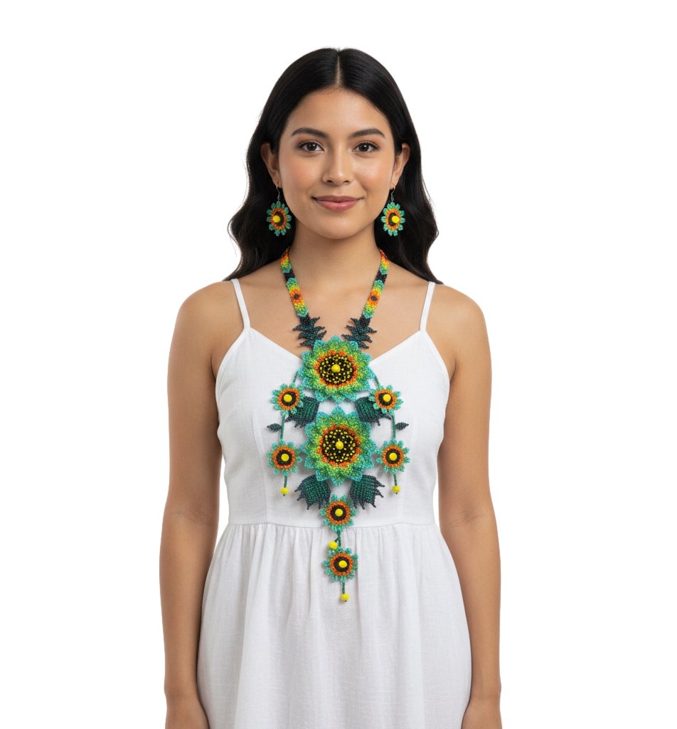 Collar Largo De Grirasol Con Aretes Y Pulsera De Chaquira - Image 3