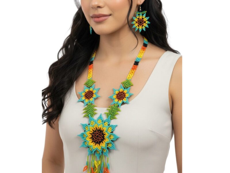 Set Collar Largo De Girasol Con Aretes Y Pulsera