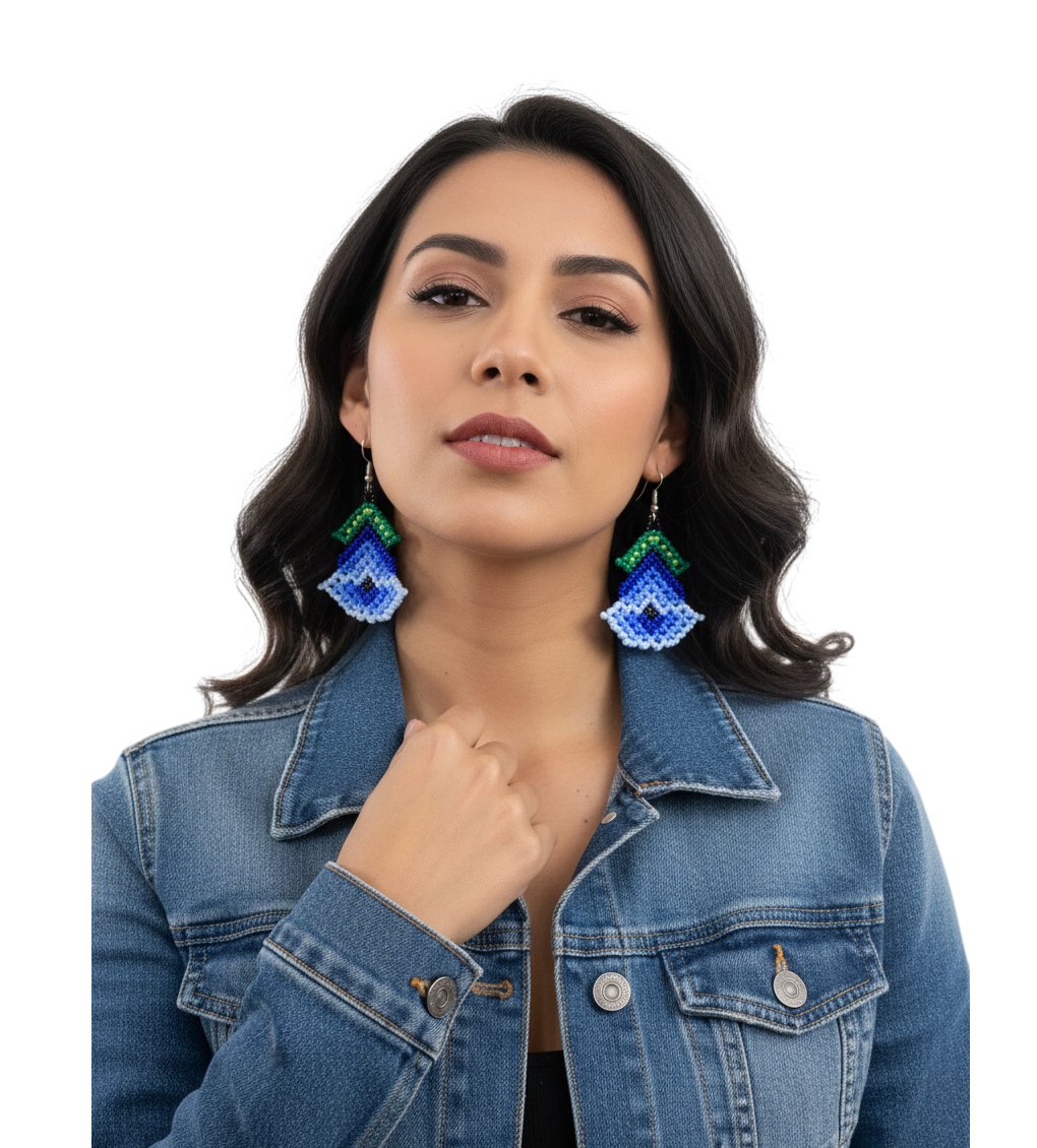 Aretes De Chaquira Estilo Huichol Boho Flor De Campana - Image 3