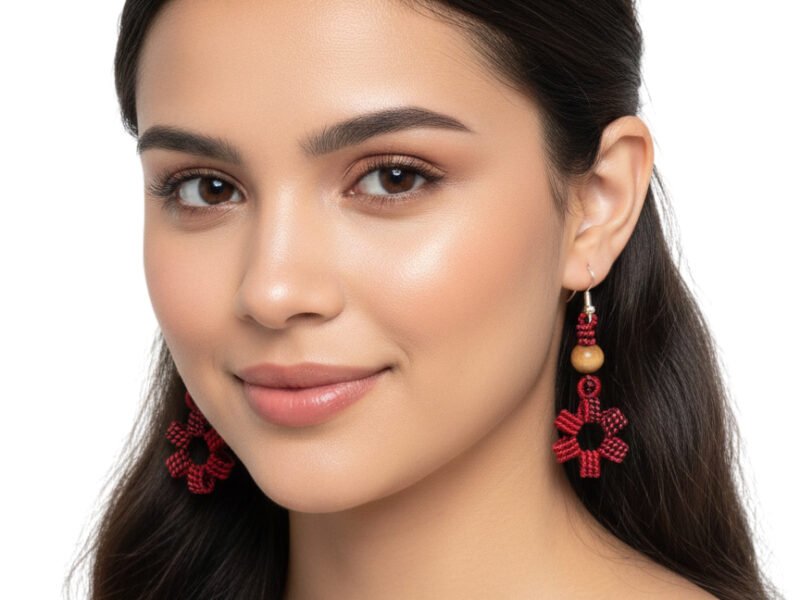 Aretes Tejidos De Flor Nudo Con Cuenta De Madera