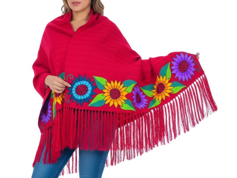 Chal Rebozo Bordado Floral Multicolor Con Flecos