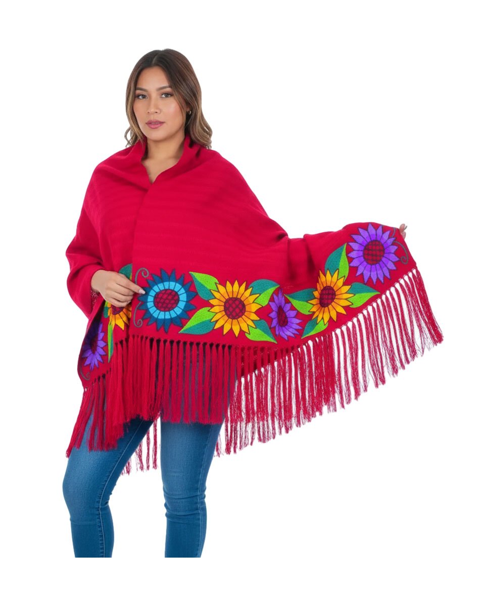 Chal Rebozo Bordado Floral Multicolor Con Flecos