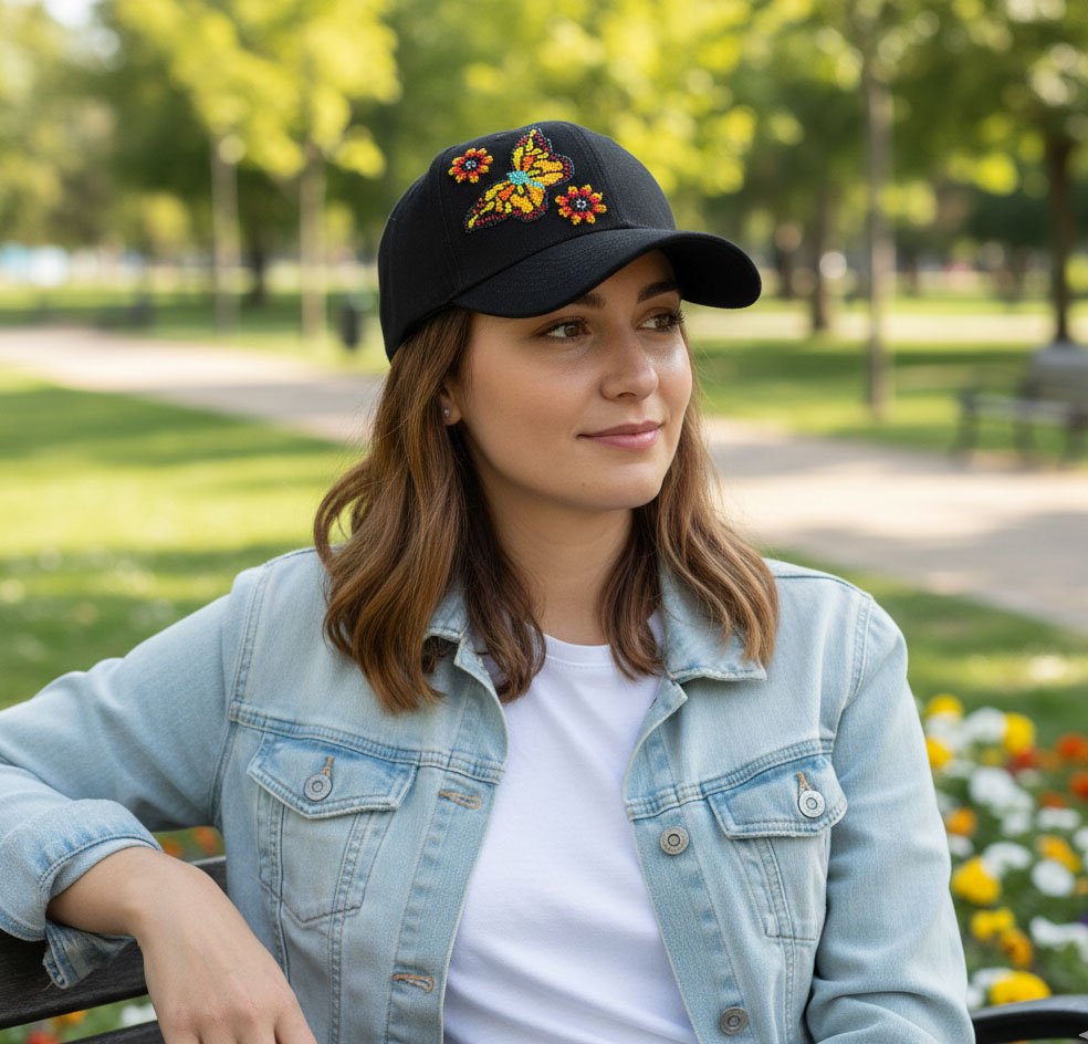 Gorra Con Bordada De Chaquira Huichol Mariposa Artesanal - Image 4