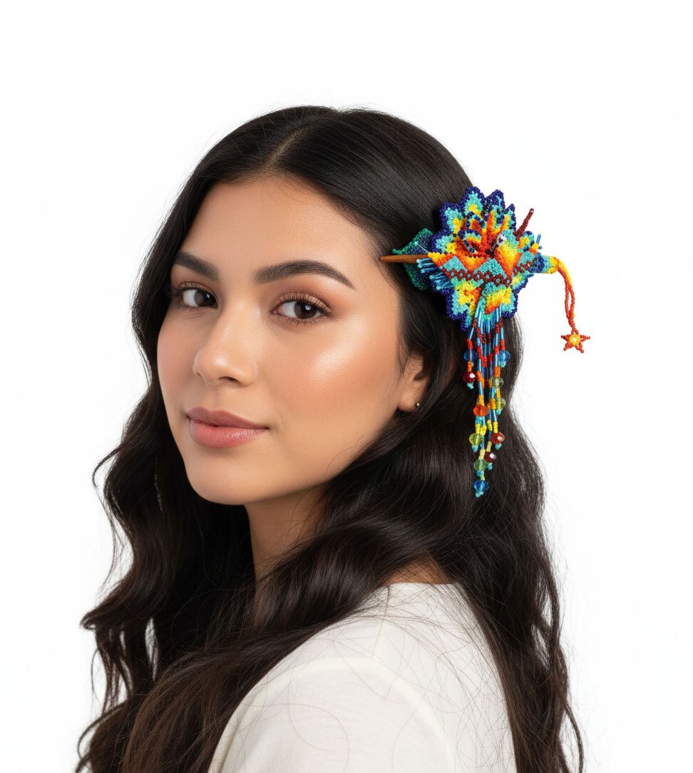 Pasador De Cabello Colibrí Artesanal De Chaquira Huichol - Image 2