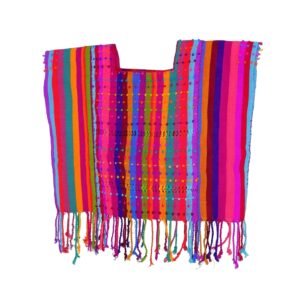 Blusa Huipil Artesanal de Rayas Multicolor con Flecos