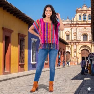 Blusa Huipil Artesanal de Rayas Multicolor con Flecos