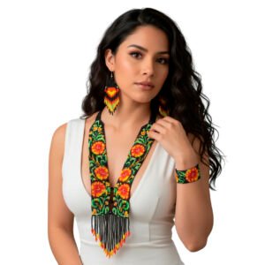 Set de Collar Largo de Chaquira Artesanal Diseño Floral Hecho a Mano