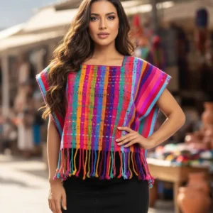 Blusa Huipil Artesanal de Telar con Rayas de Colores
