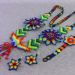 Juego de Collar de Colibrí Pulsera y Aretes de Chaquira Artesanal Mexicana Hecho a Mano