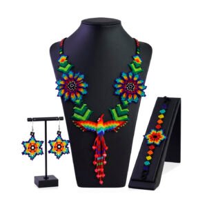 Juego de Collar de Colibrí Pulsera y Aretes de Chaquira Artesanal Mexicana Hecho a Mano