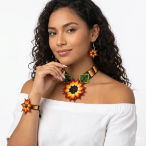 Set Collar Gargantilla De Flor Girasol De Cuentas Huichol