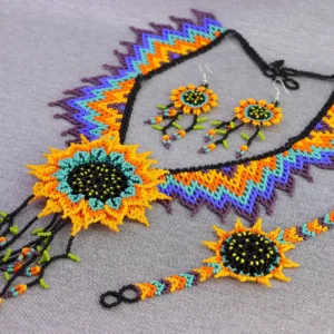 Set Collar Aretes Y Pulsera De Chaquira Girasol Arte Huichol