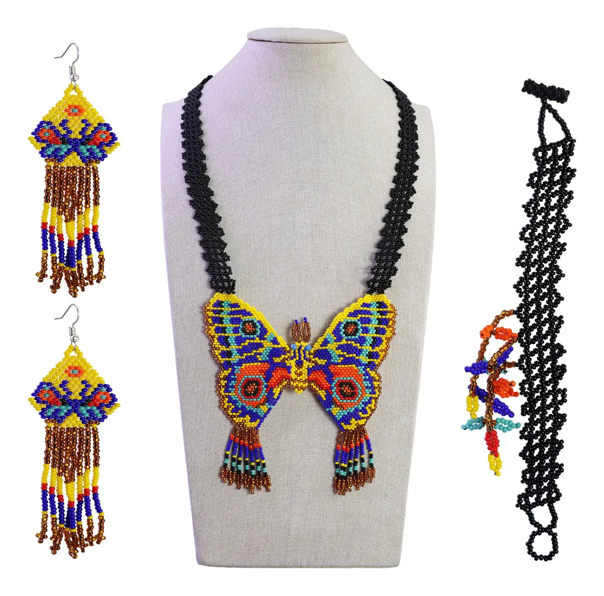 Set Collar Largo Huichol Con Aretes Y Pulsera De Mariposa - Image 3