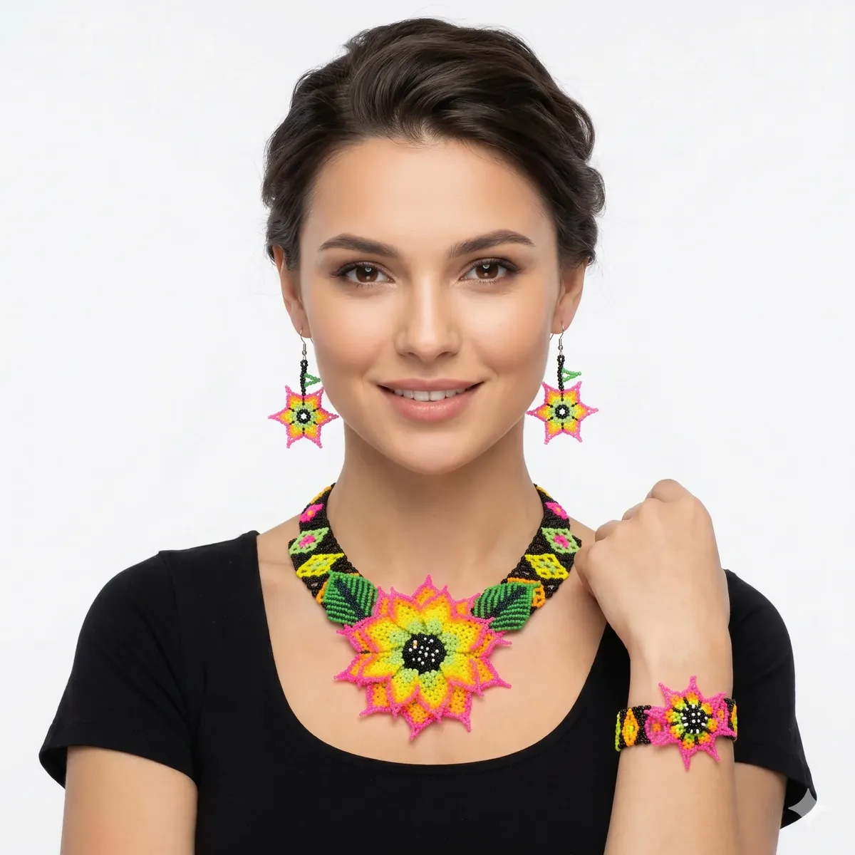 Set Gargantilla Chaquira Girasol Con Aretes Y Pulsera - Image 2