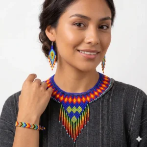 Set Collar de Chaquira Huichol Gargantilla con Flecos