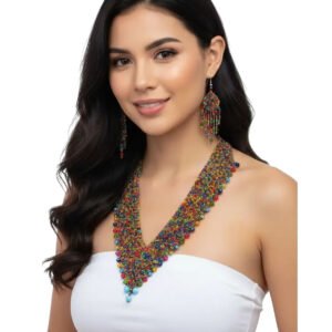 Juego de Collar de Chaquira Cristal Artesanal Pulsera y Aretes