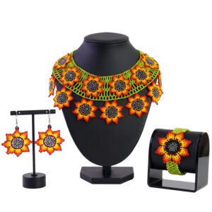 Set Gargantilla Aretes Pulsera De Chaquira Wixarika Floral