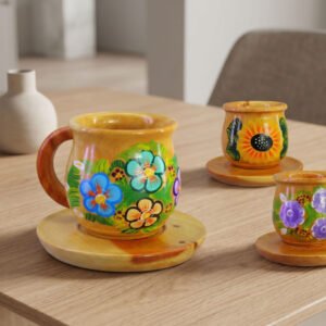 Taza De Madera Pintada A Mano Con Plato Artesanal Flores