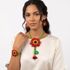 Juego De Collar Pulsera Y Aretes De Chaquira Flor Huichol