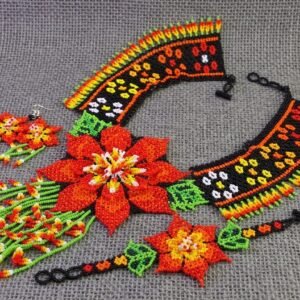 Juego Collar Aretes Pulsera Chaquira Huichol Flor Artesanal